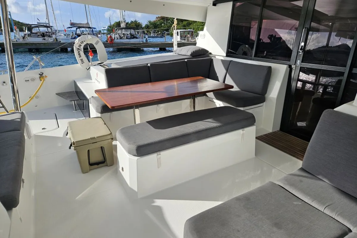 Deck of The Happy Heifer, a Fountaine Pajot Elba 45 catamaran at Charlotte Amalie, United States