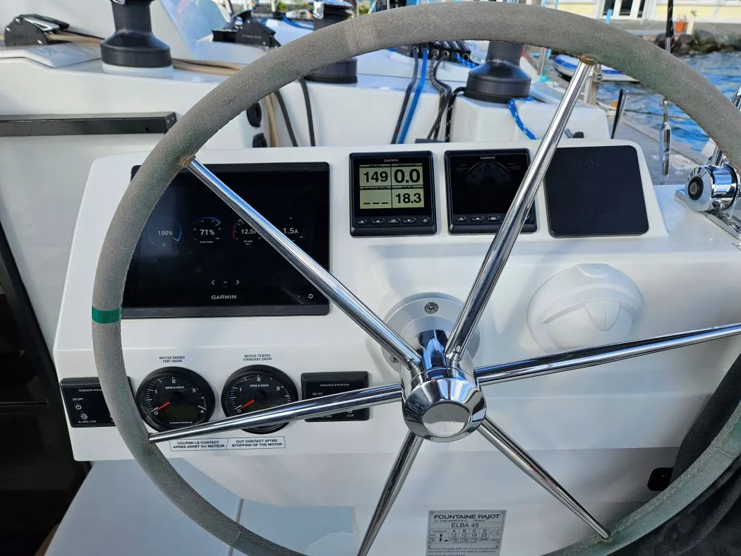 Cockpit of The Happy Heifer, a Fountaine Pajot Elba 45 catamaran at Charlotte Amalie, United States