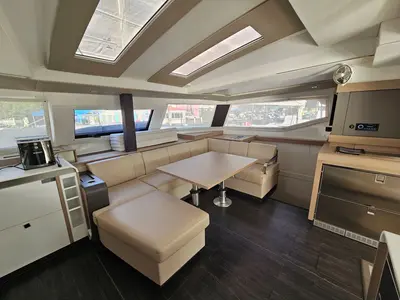 Salon of The Happy Heifer, a Fountaine Pajot Elba 45 catamaran at Charlotte Amalie, United States