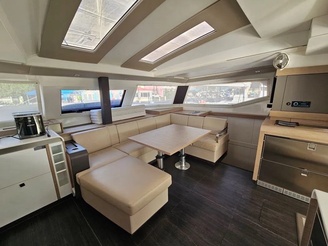 Salon of The Happy Heifer, a Fountaine Pajot Elba 45 catamaran at Charlotte Amalie, United States