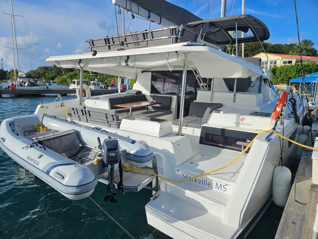 Exterior view of The Happy Heifer, a Fountaine Pajot Elba 45 catamaran at Charlotte Amalie, United States