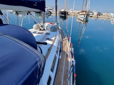 Deck of Sea Nest, a Jeanneau Sun Odyssey 42 i sailboat at Finikas, Greece