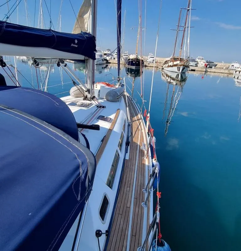 Deck of Sea Nest, a Jeanneau Sun Odyssey 42 i sailboat at Finikas, Greece