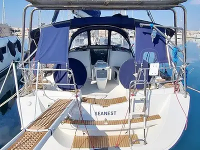 Cockpit of Sea Nest, a Jeanneau Sun Odyssey 42 i sailboat at Finikas, Greece