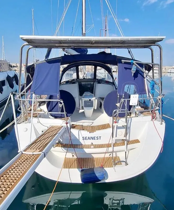 Cockpit of Sea Nest, a Jeanneau Sun Odyssey 42 i sailboat at Finikas, Greece