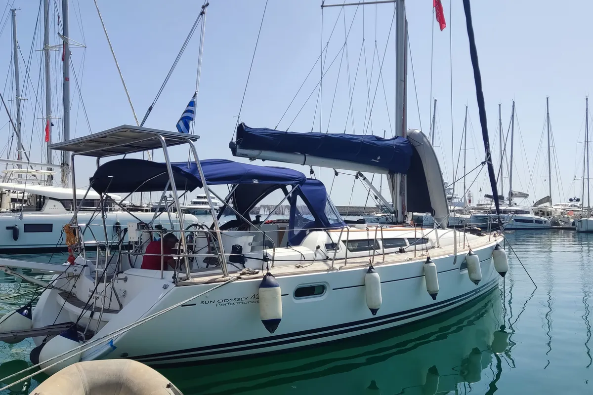 Exterior view of Sea Nest, a Jeanneau Sun Odyssey 42 i sailboat at Finikas, Greece