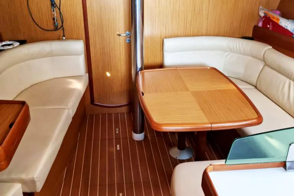 Salon of Sea Nest, a Jeanneau Sun Odyssey 42 i sailboat at Finikas, Greece