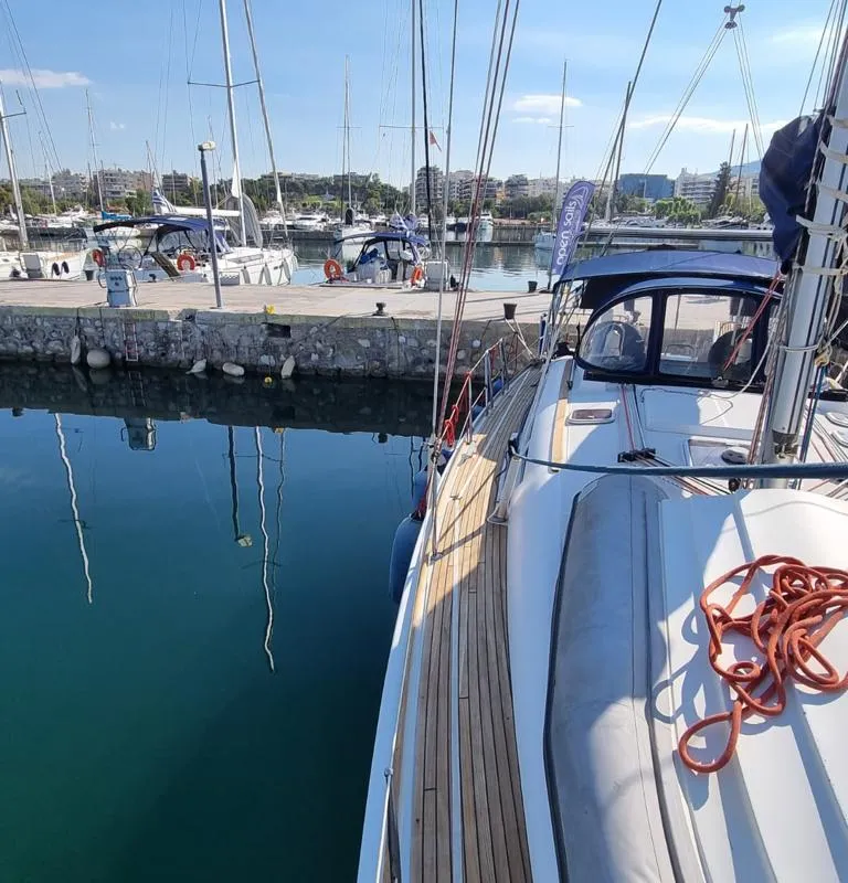 Deck of Sea Nest, a Jeanneau Sun Odyssey 42 i sailboat at Finikas, Greece