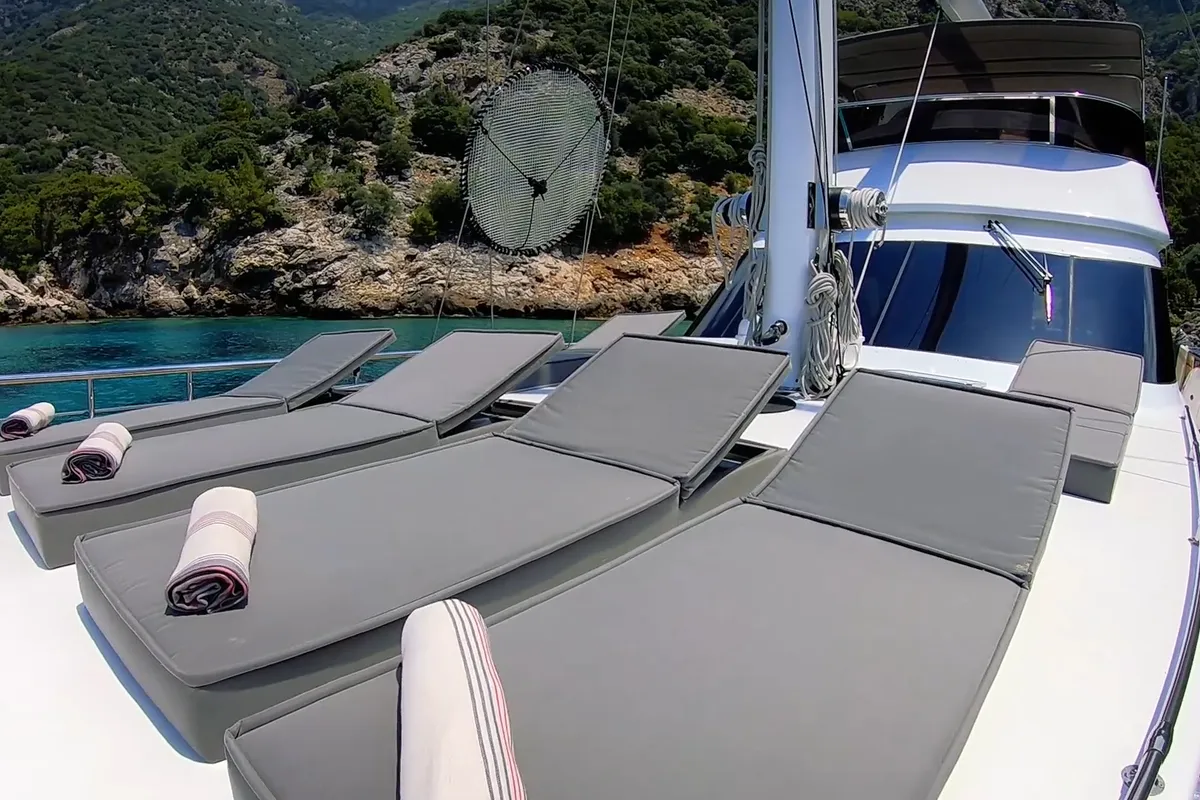 Deck of Premium, a Gulet Motor sailer motor yacht at Fethiye, Turkey