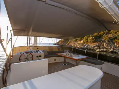 Cockpit of Premium, a Gulet Motor sailer motor yacht at Fethiye, Turkey