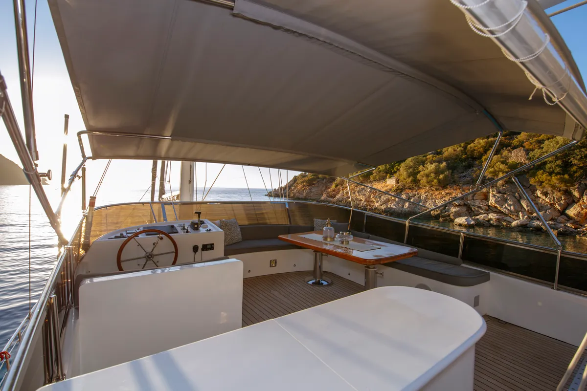 Cockpit of Premium, a Gulet Motor sailer motor yacht at Fethiye, Turkey