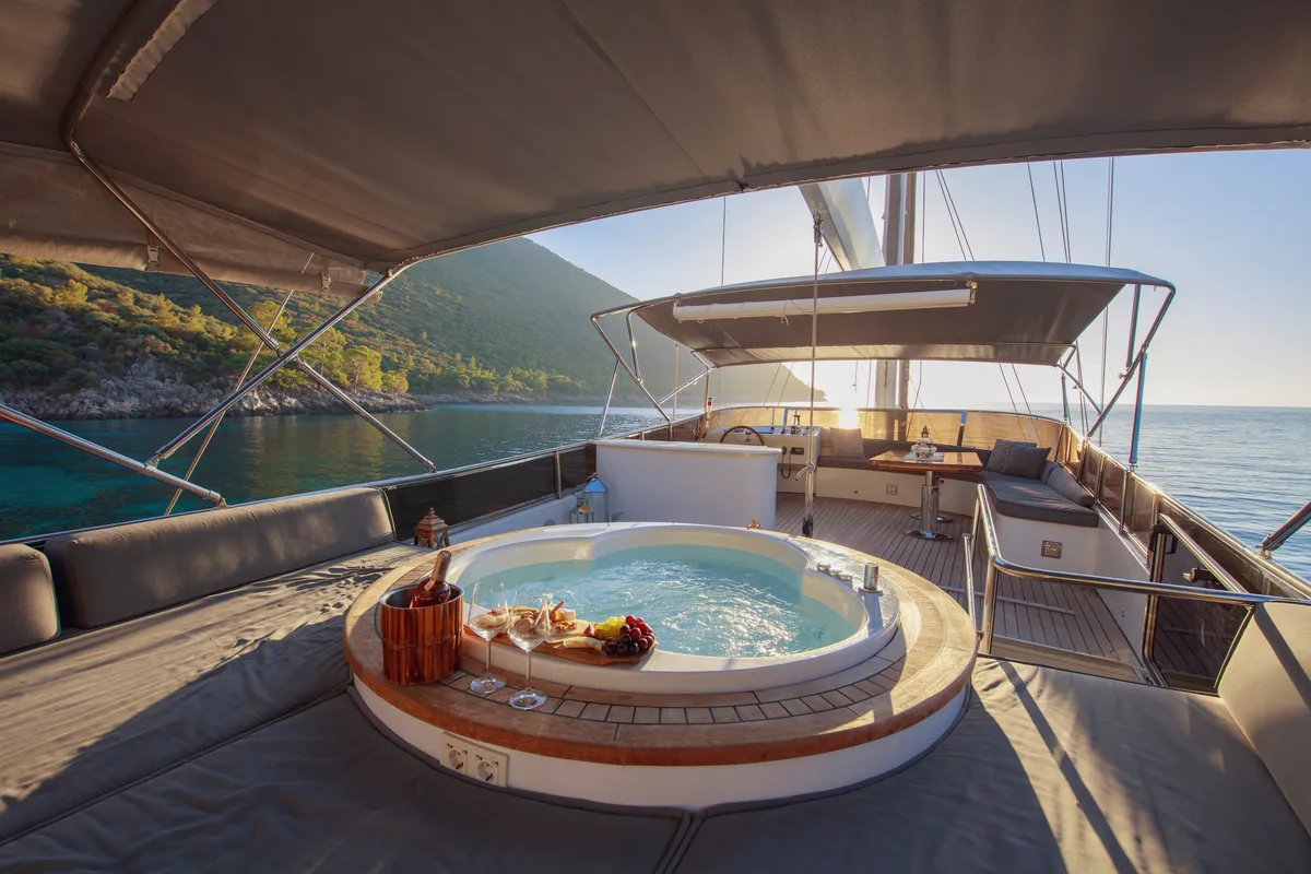 Deck of Premium, a Gulet Motor sailer motor yacht at Fethiye, Turkey