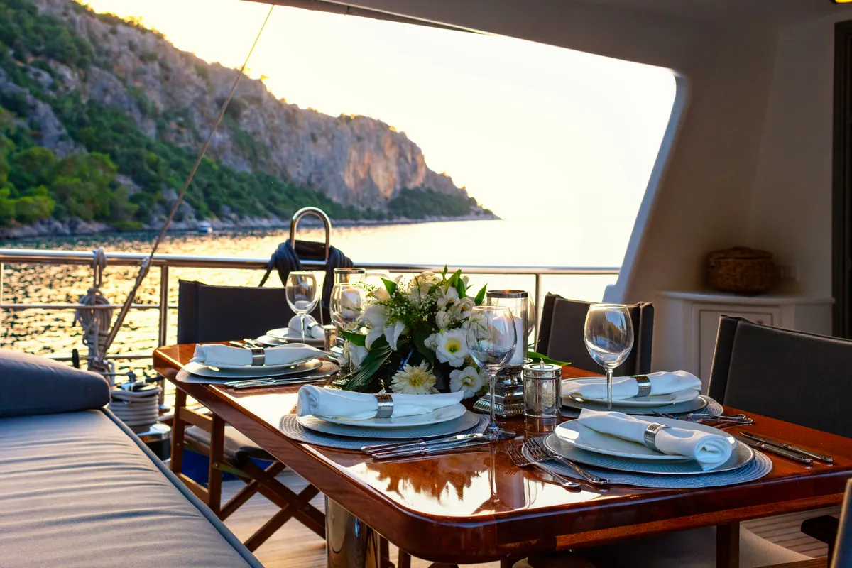 Deck of Premium, a Gulet Motor sailer motor yacht at Fethiye, Turkey