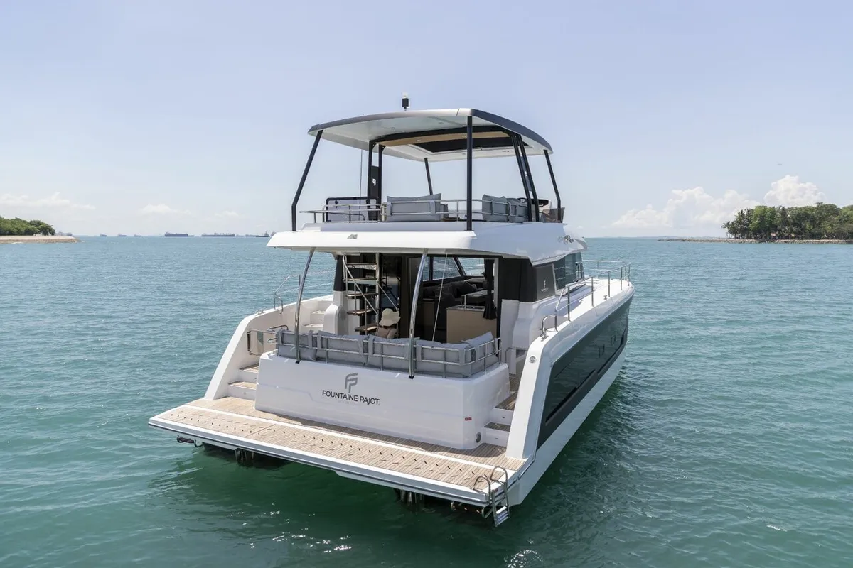 Exterior view of Mala, a Fountaine Pajot MY5 catamaran at Seget Donji, Croatia