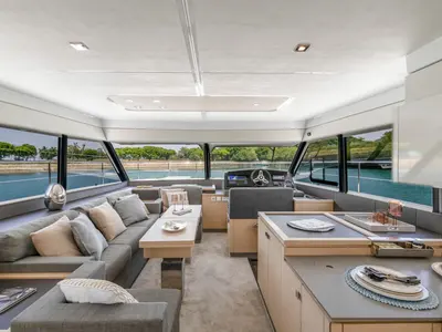 Salon of Mala, a Fountaine Pajot MY5 catamaran at Seget Donji, Croatia