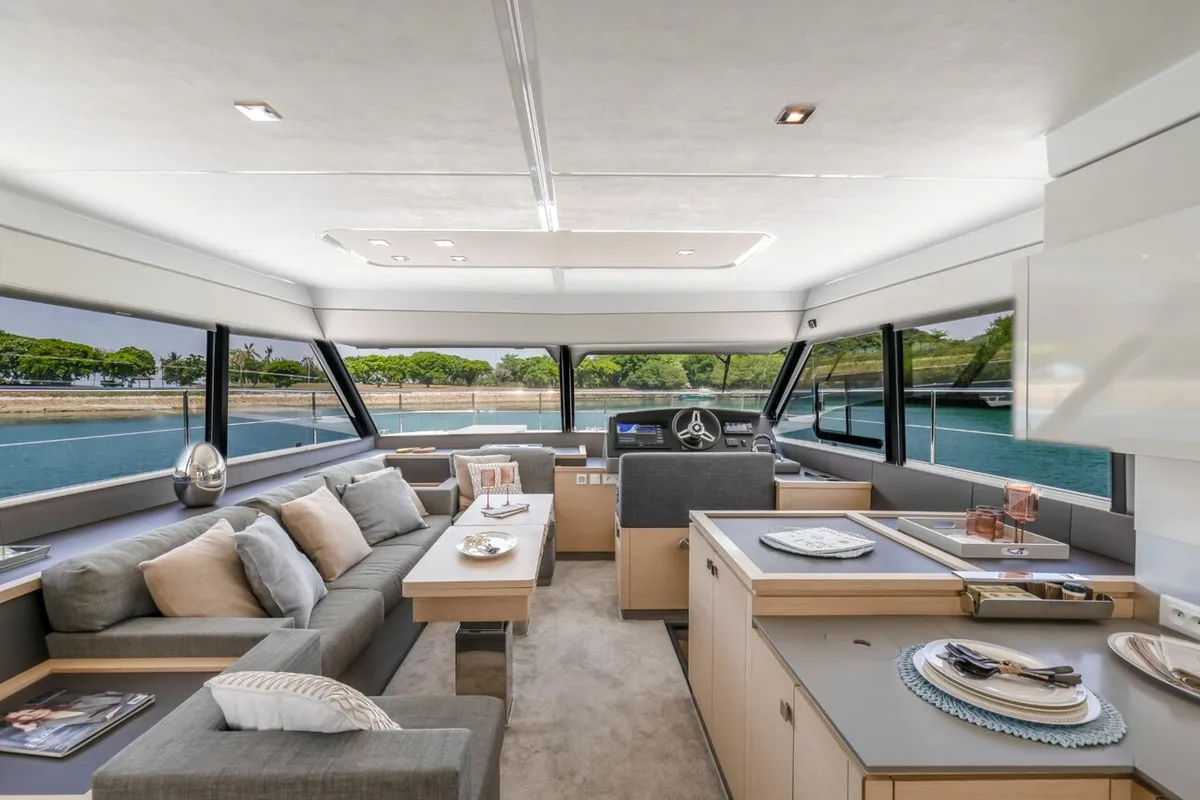 Salon of Mala, a Fountaine Pajot MY5 catamaran at Seget Donji, Croatia