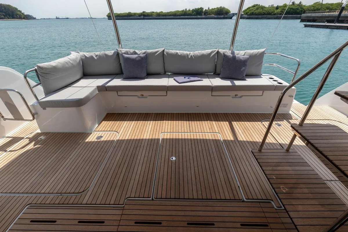 Deck of Mala, a Fountaine Pajot MY5 catamaran at Seget Donji, Croatia