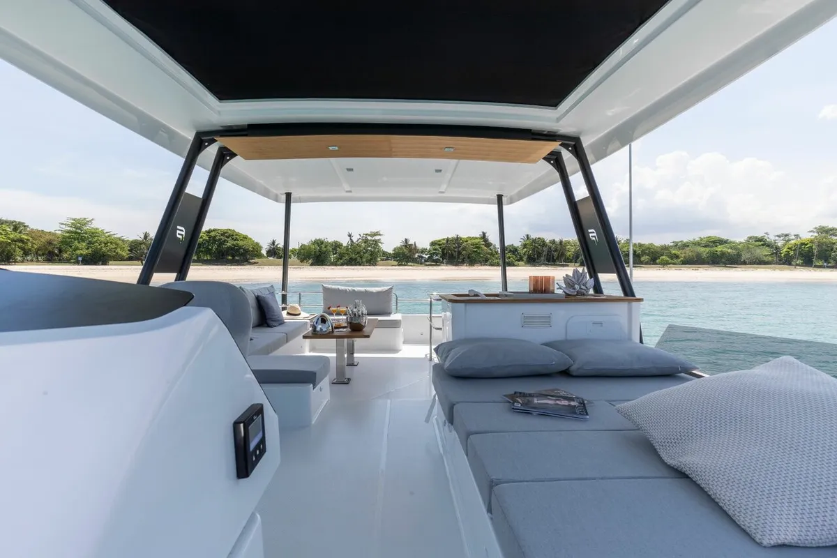 Deck of Mala, a Fountaine Pajot MY5 catamaran at Seget Donji, Croatia