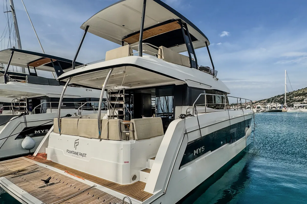 Exterior view of Mala, a Fountaine Pajot MY5 catamaran at Seget Donji, Croatia
