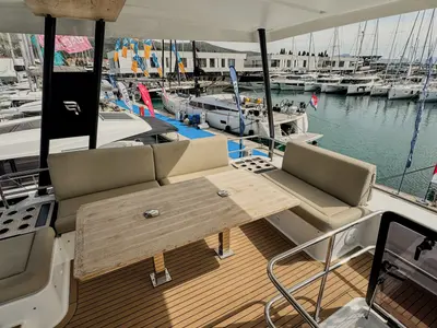 Deck of Mala, a Fountaine Pajot MY5 catamaran at Seget Donji, Croatia