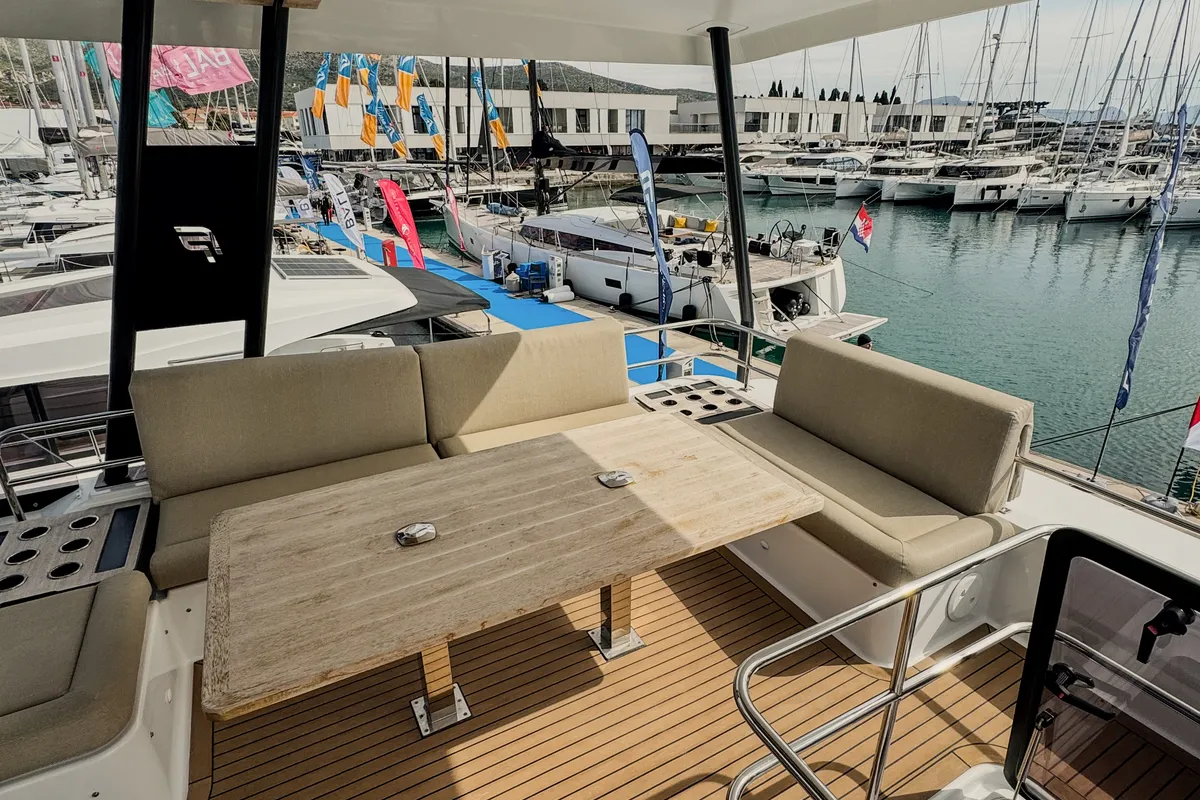 Deck of Mala, a Fountaine Pajot MY5 catamaran at Seget Donji, Croatia