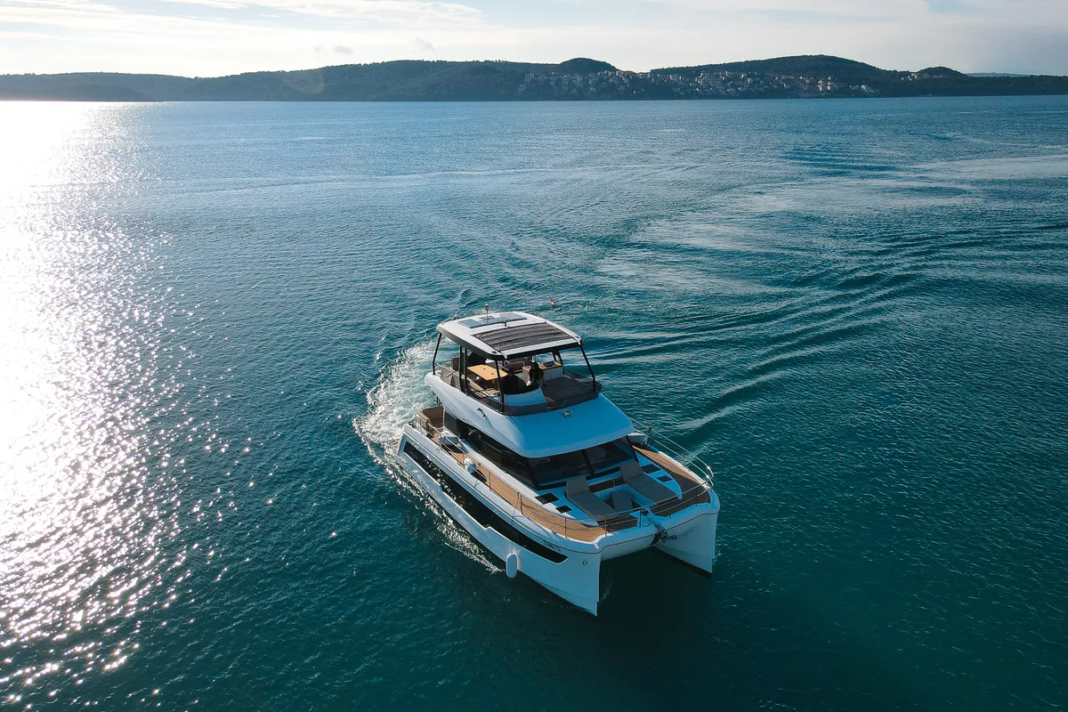 Exterior view of Mala, a Fountaine Pajot MY5 catamaran at Seget Donji, Croatia