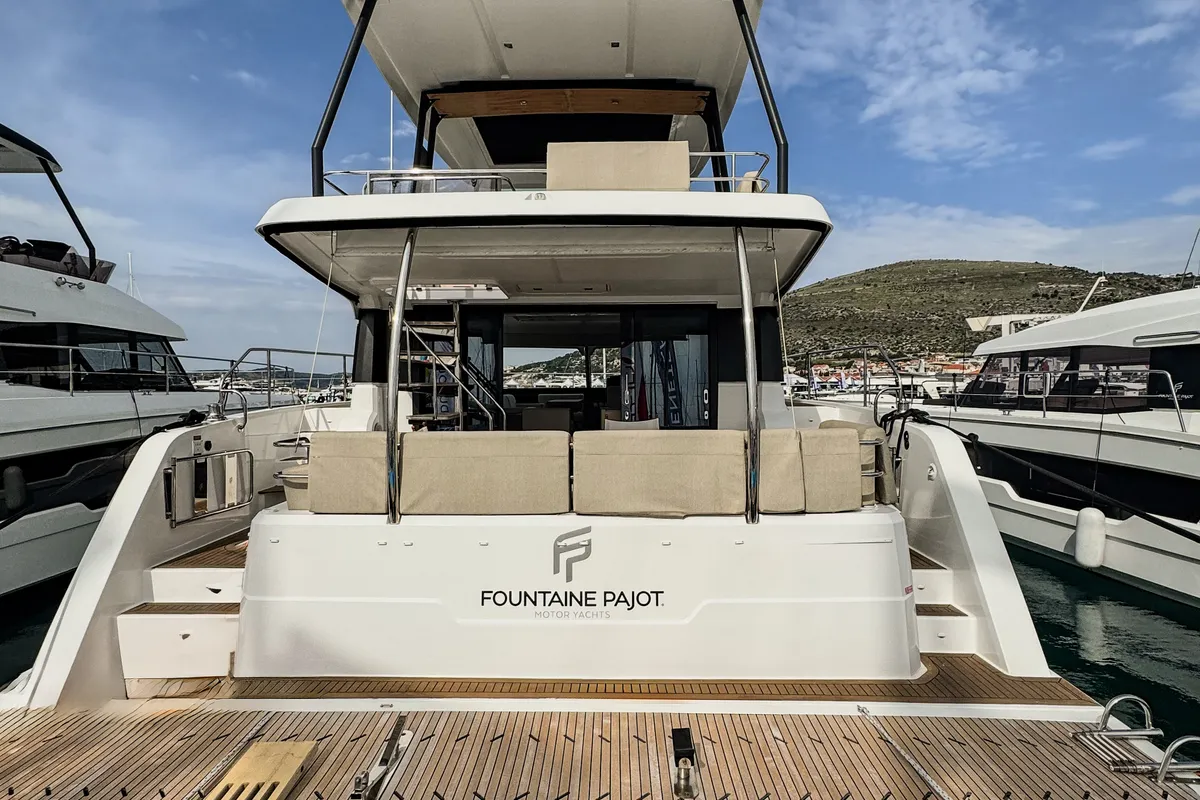 Exterior view of Mala, a Fountaine Pajot MY5 catamaran at Seget Donji, Croatia