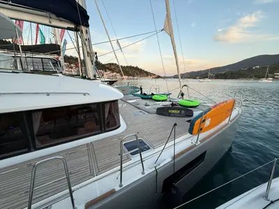 Deck of Starlight (Crewed), a Lagoon 560 S2 catamaran at Athens, Greece