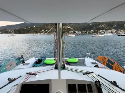 Cockpit of Starlight (Crewed), a Lagoon 560 S2 catamaran at Athens, Greece