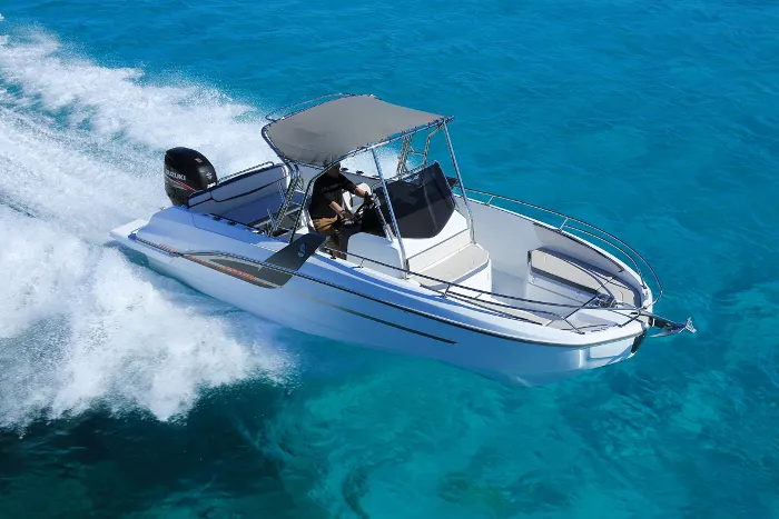 Upaya, a Beneteau Flyer 7.7 Space Deck motorboat at Barcelona, Spain
