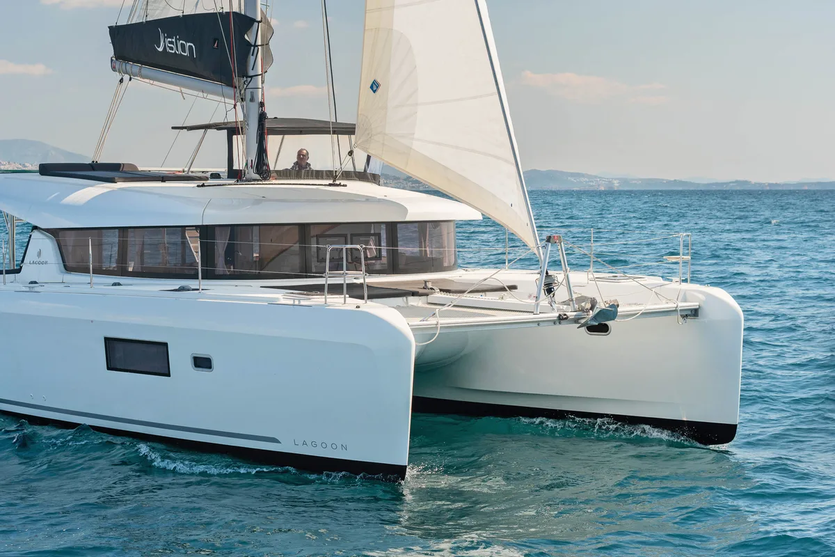 Exterior view of Wind Whisper, a Lagoon 42 catamaran at Parikia, Greece