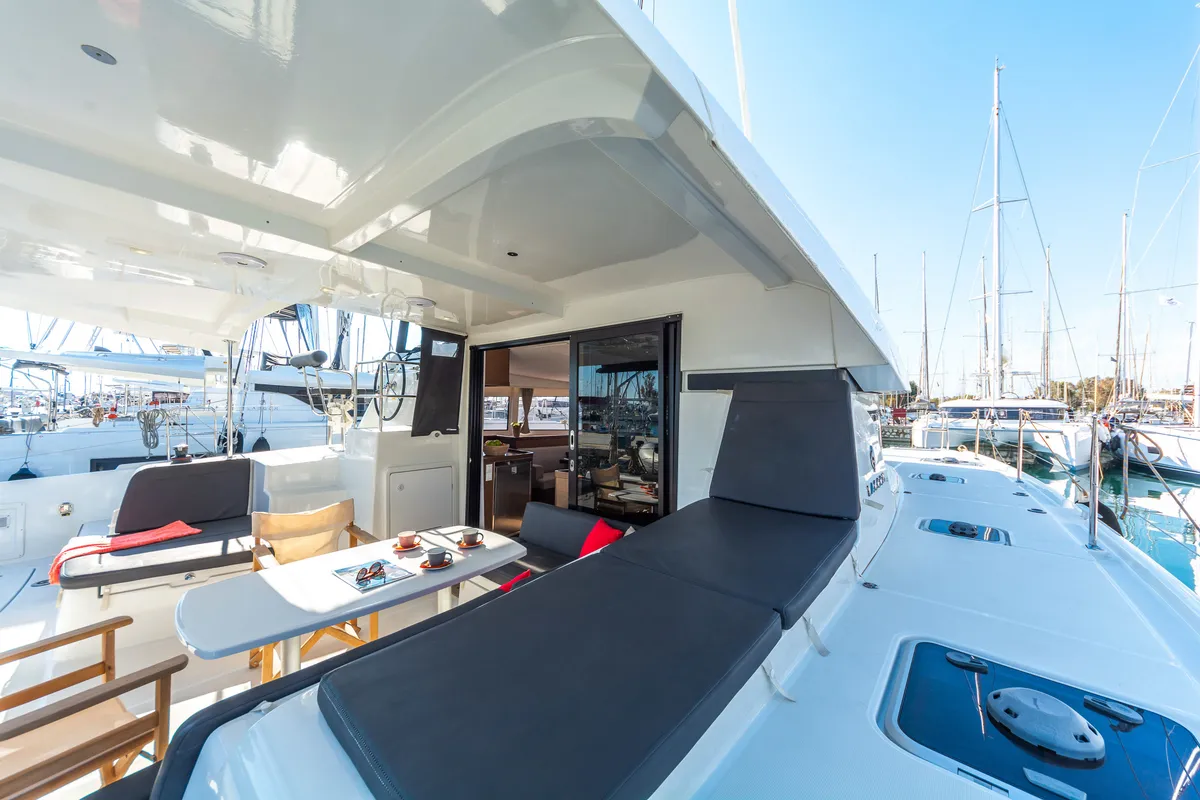 Deck of Wind Whisper, a Lagoon 42 catamaran at Parikia, Greece