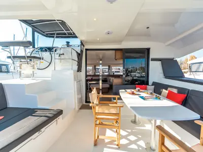 Deck of Wind Whisper, a Lagoon 42 catamaran at Parikia, Greece