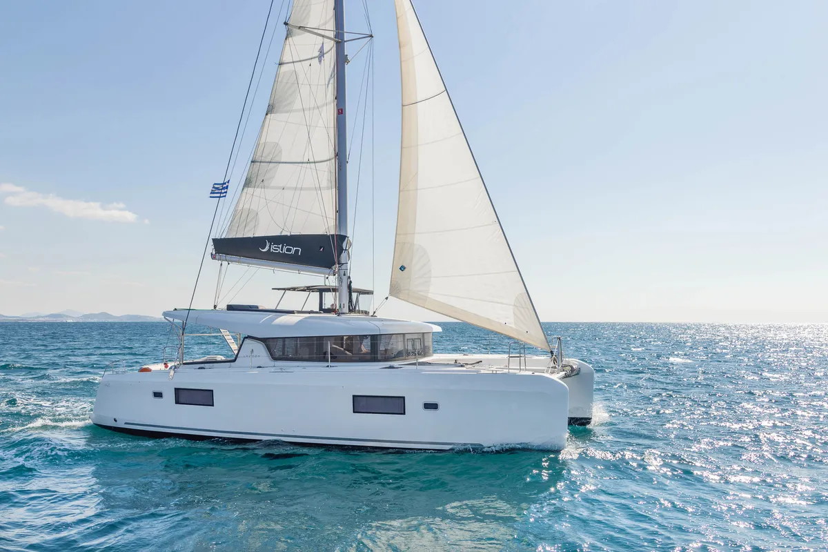 Exterior view of Wind Whisper, a Lagoon 42 catamaran at Parikia, Greece