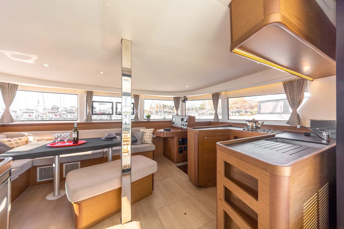 Salon of Wind Whisper, a Lagoon 42 catamaran at Parikia, Greece