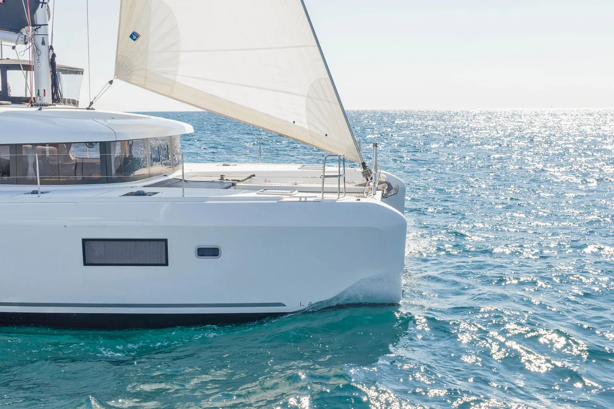 Exterior view of Wind Whisper, a Lagoon 42 catamaran at Parikia, Greece