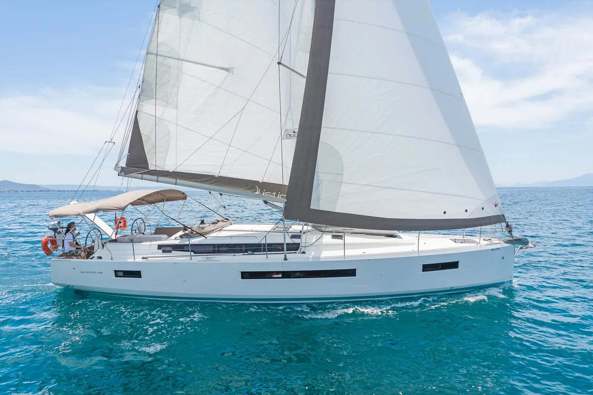 Exterior view of Capt. Jack Sparrow, a Jeanneau Sun Odyssey 490 sailboat at Municipal Unit of Lefkada, Greece