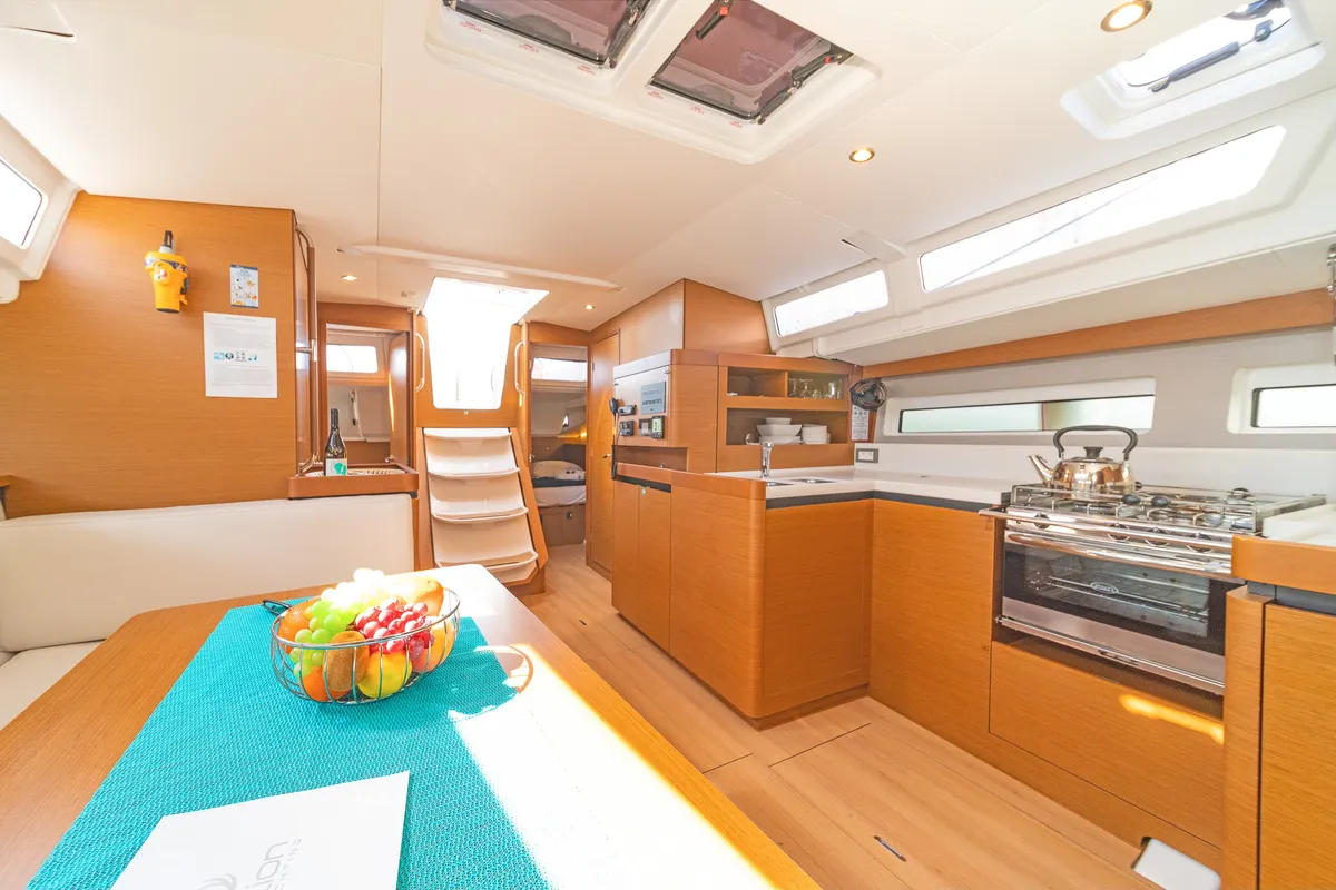 Galley of Capt. Jack Sparrow, a Jeanneau Sun Odyssey 490 sailboat at Municipal Unit of Lefkada, Greece