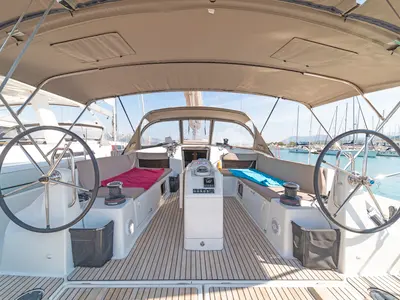 Cockpit of Capt. Jack Sparrow, a Jeanneau Sun Odyssey 490 sailboat at Municipal Unit of Lefkada, Greece