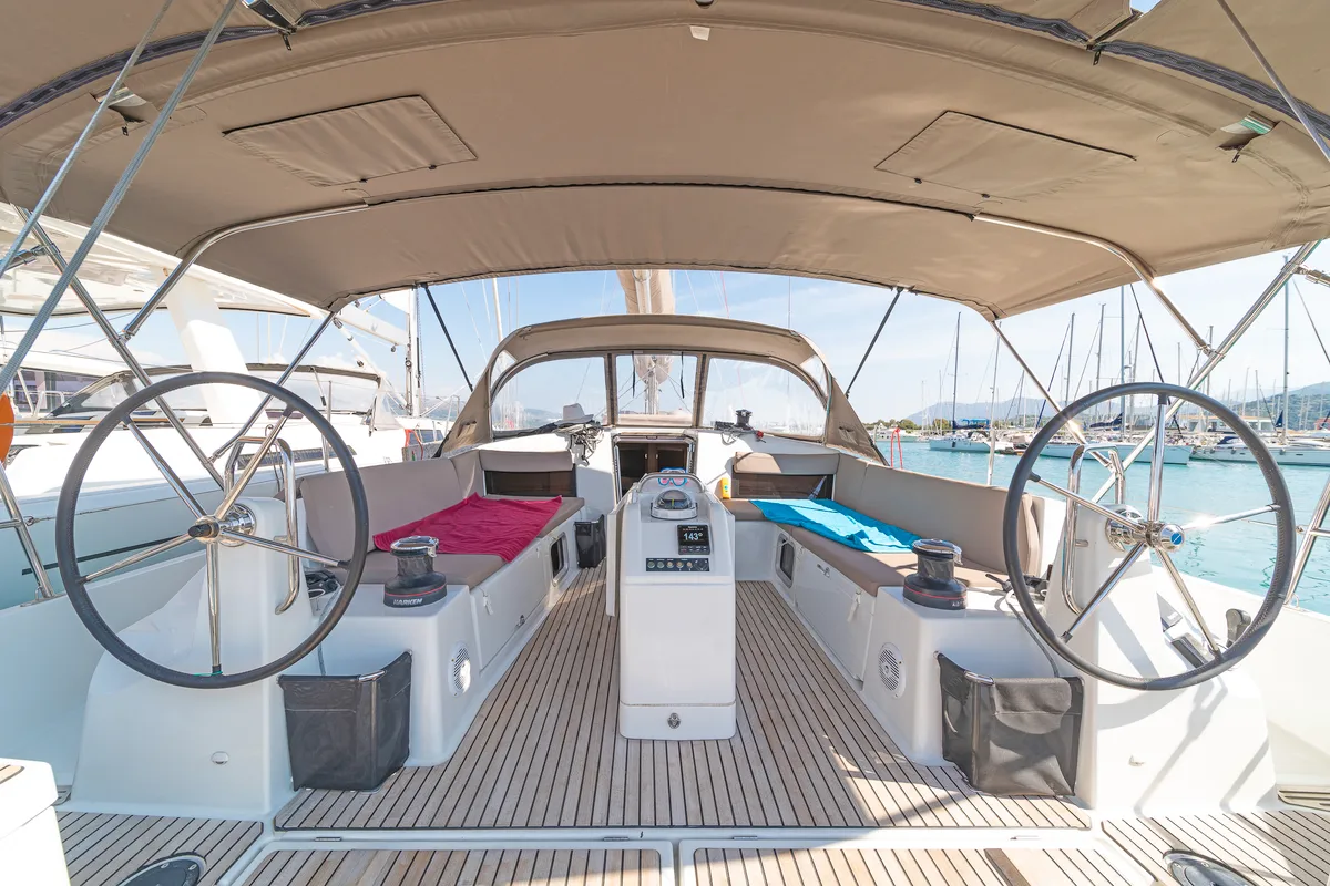 Cockpit of Capt. Jack Sparrow, a Jeanneau Sun Odyssey 490 sailboat at Municipal Unit of Lefkada, Greece