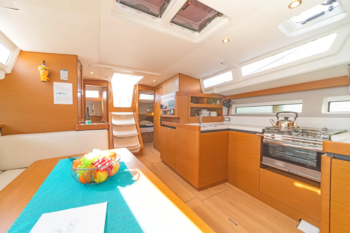 Galley of Capt. Jack Sparrow, a Jeanneau Sun Odyssey 490 sailboat at Municipal Unit of Lefkada, Greece