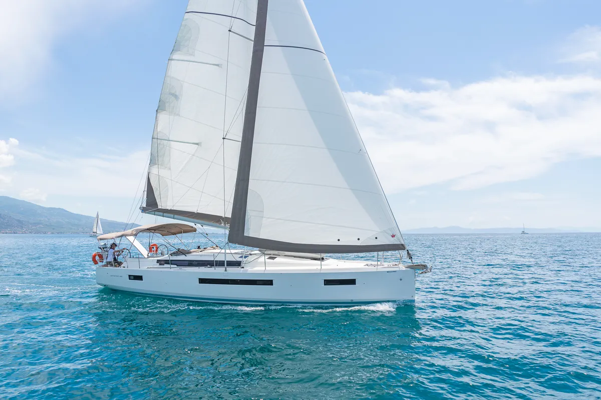 Exterior view of Capt. Jack Sparrow, a Jeanneau Sun Odyssey 490 sailboat at Municipal Unit of Lefkada, Greece