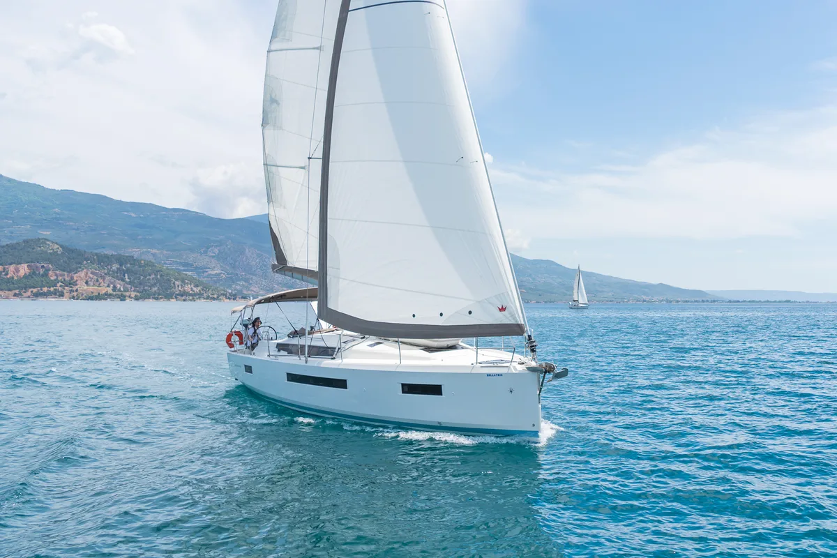 Exterior view of Capt. Jack Sparrow, a Jeanneau Sun Odyssey 490 sailboat at Municipal Unit of Lefkada, Greece