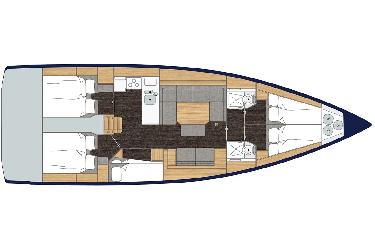 Floor plan of Alma Libre VIII, a Bavaria C45 sailboat at Municipal Unit of Lefkada, Greece
