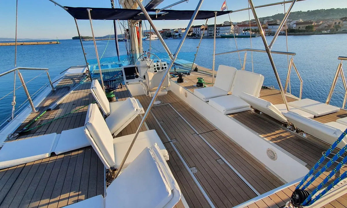 Deck of Upwind, a Custom Made Upwind 50 Eco catamaran at Trogir, Croatia