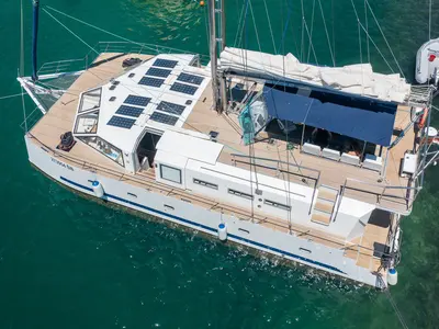 Deck of Upwind, a Custom Made Upwind 50 Eco catamaran at Trogir, Croatia