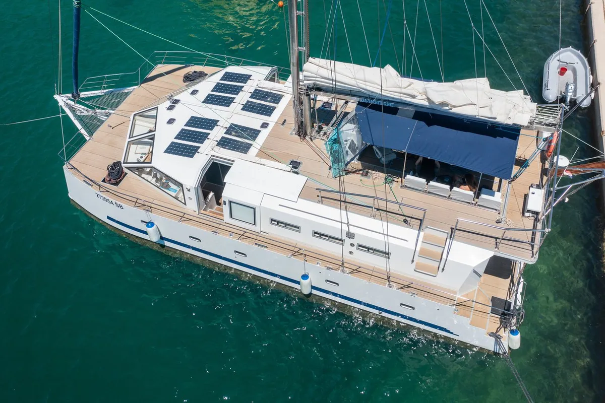 Deck of Upwind, a Custom Made Upwind 50 Eco catamaran at Trogir, Croatia