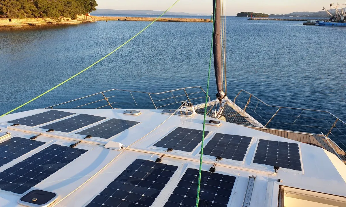 Deck of Upwind, a Custom Made Upwind 50 Eco catamaran at Trogir, Croatia