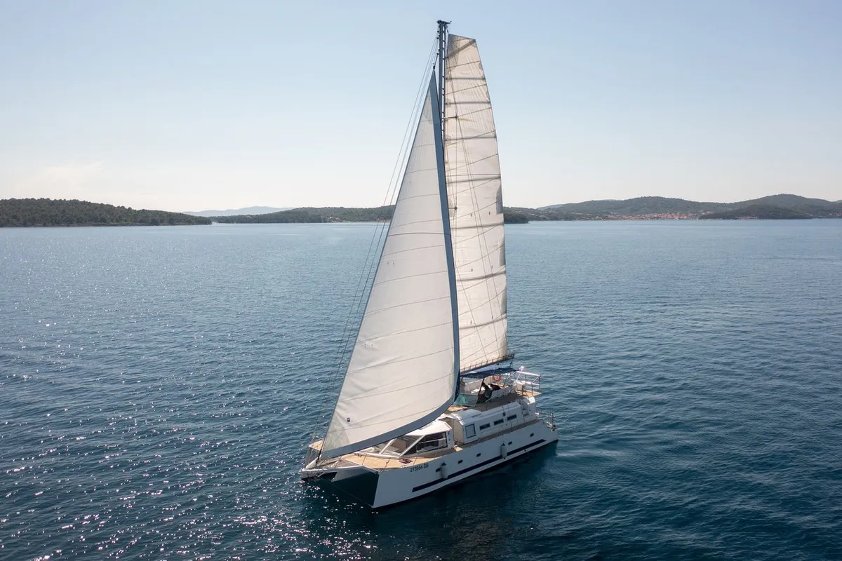 Exterior view of Upwind, a Custom Made Upwind 50 Eco catamaran at Trogir, Croatia