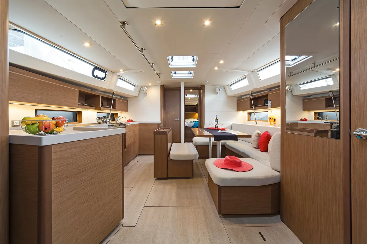 Salon of Salty Kiss, a Beneteau Oceanis 46.1 sailboat at Kos, Greece